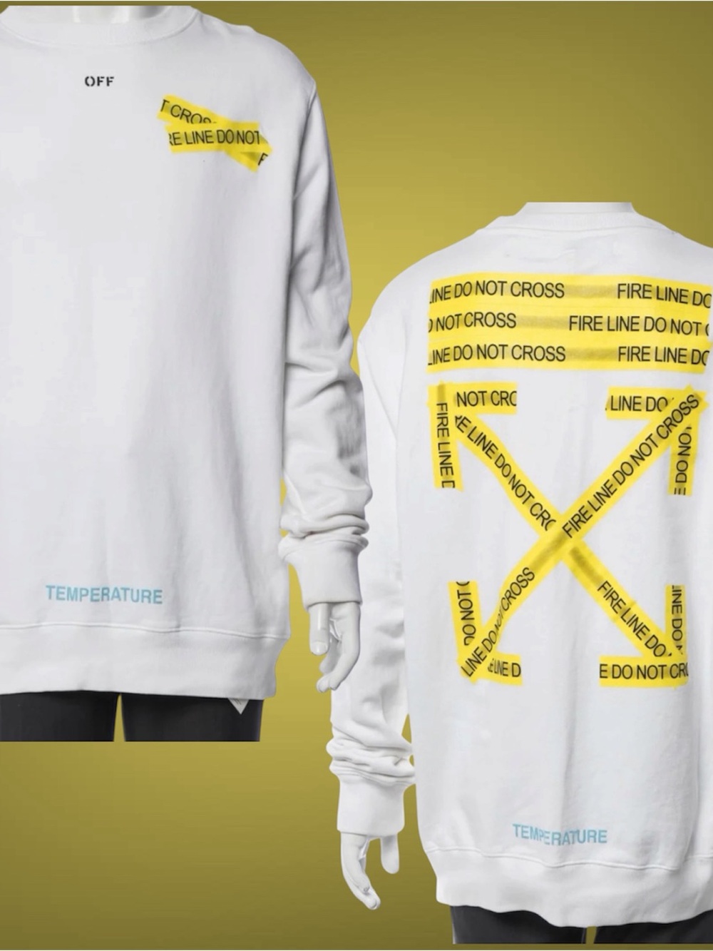 Off-White White Crewneck Sweatshirt with Yellow 'Fire Line' Graphic